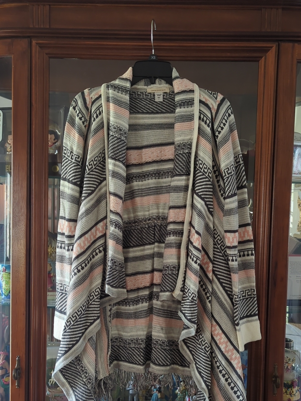 Canyon River Blues Striped Aztec-Pattern Open Cardigan - Pink, Gray, Black